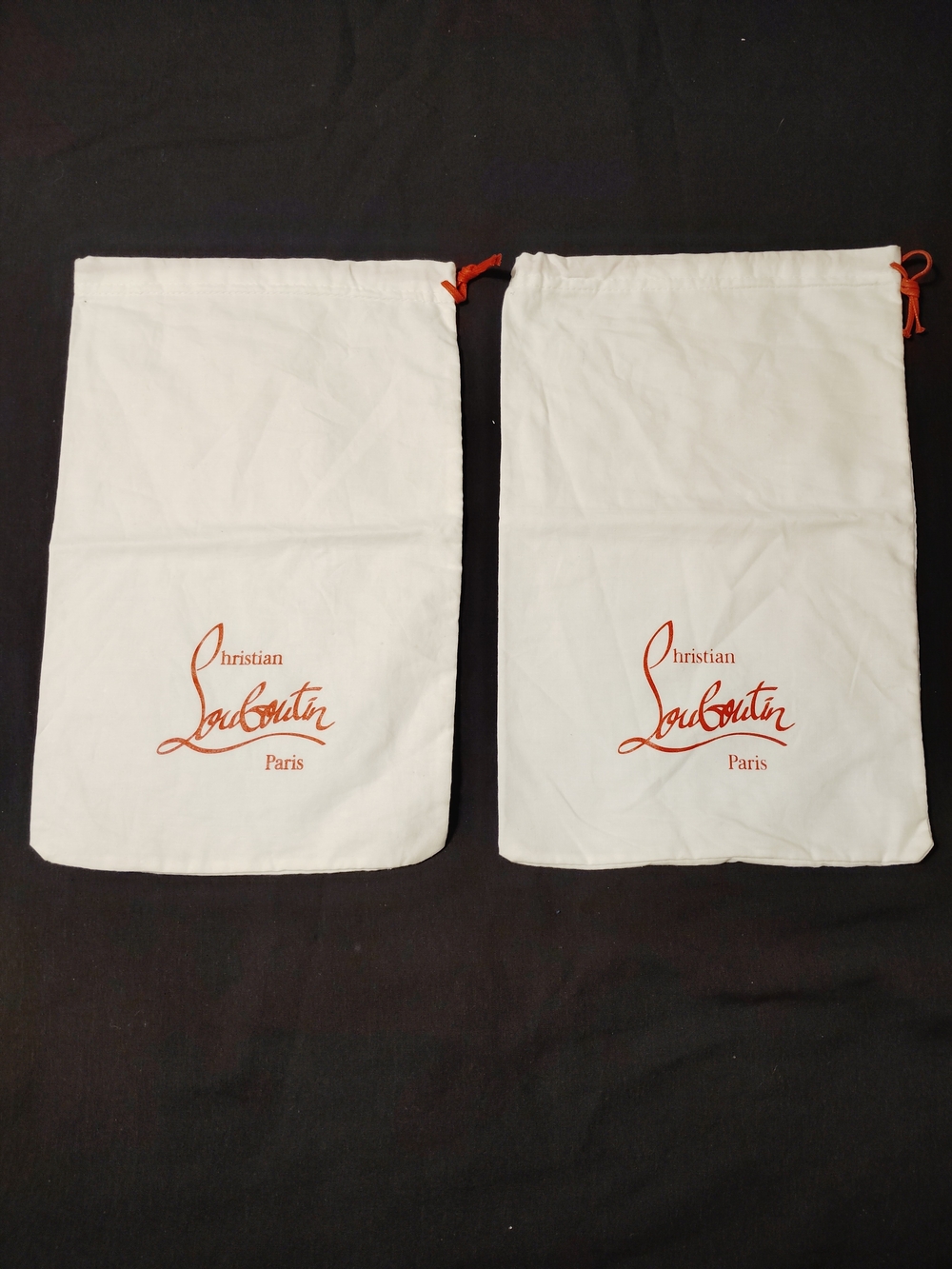 Christian Louboutin White Dust Bag Pair with Red Logo and Drawstrings